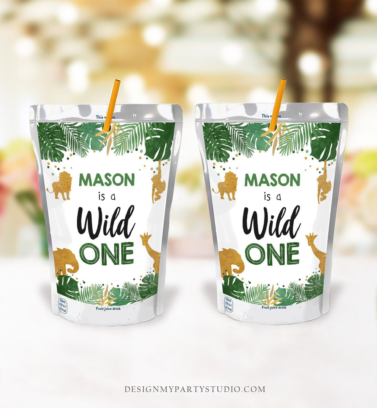 Editable Safari Animals Juice Pouch Label Juice Favors Gold Boy Birthday Wild One Party Animals Digital Download Template Printable 0016