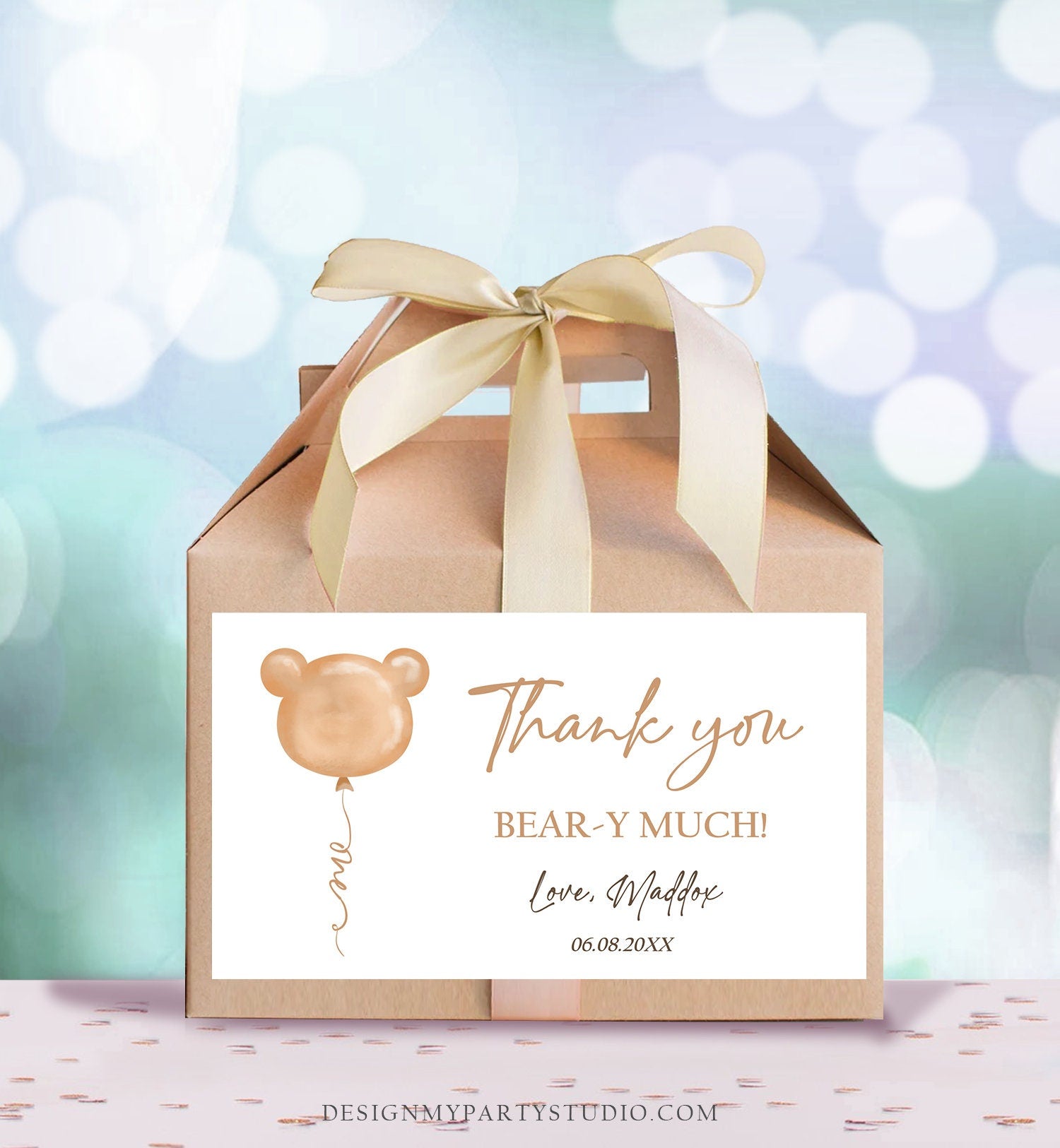 Editable Teddy Bear Gable Box Favor Label Bear 1st Birthday Favor Box Label Boy Bear-y First Modern Digital Download Printable Corjl 0439