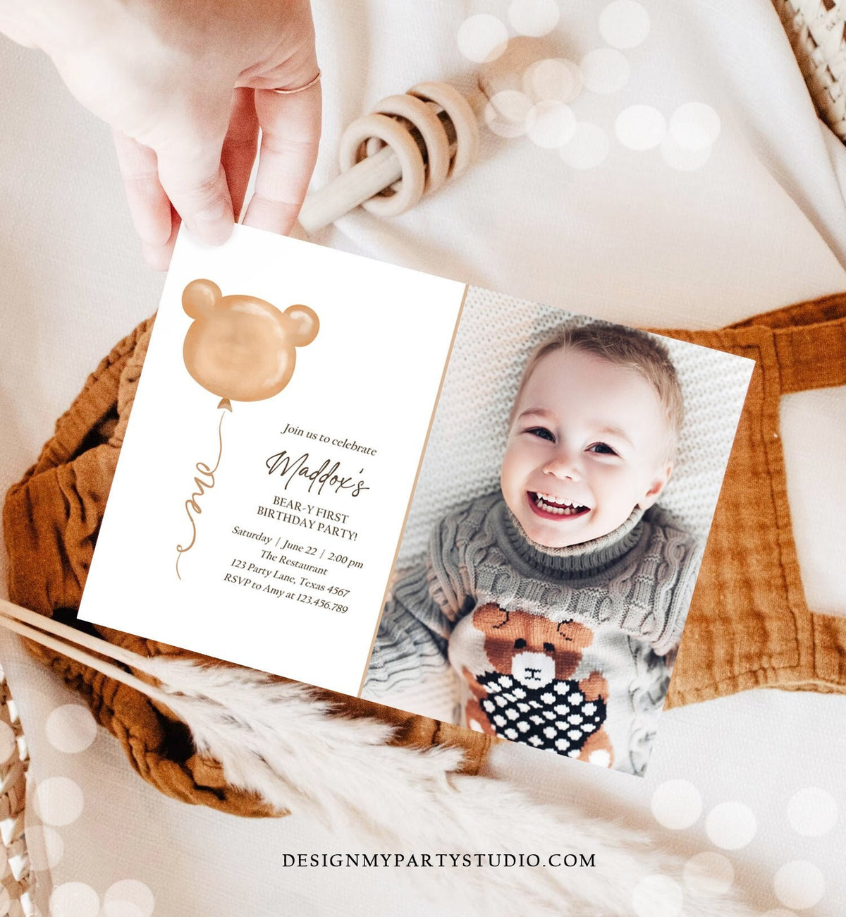 Editable Bear Birthday Invitation Bear Balloon Modern Teddy Bears Picnic Gender Neutral Boho Printable Template Instant Download Corjl 0439