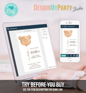 Editable Bear Birthday Evite Bear Balloon Modern Teddy Bears Picnic Gender Neutral Boho Invitation Template Instant Download Corjl 0439