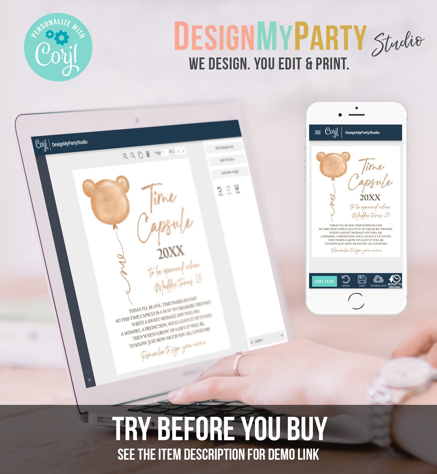 Editable Teddy Bear Time Capsule Beary First Birthday Party Game Teddy Bears Picnic Modern Beary Cute Download Corjl Template Printable 0439