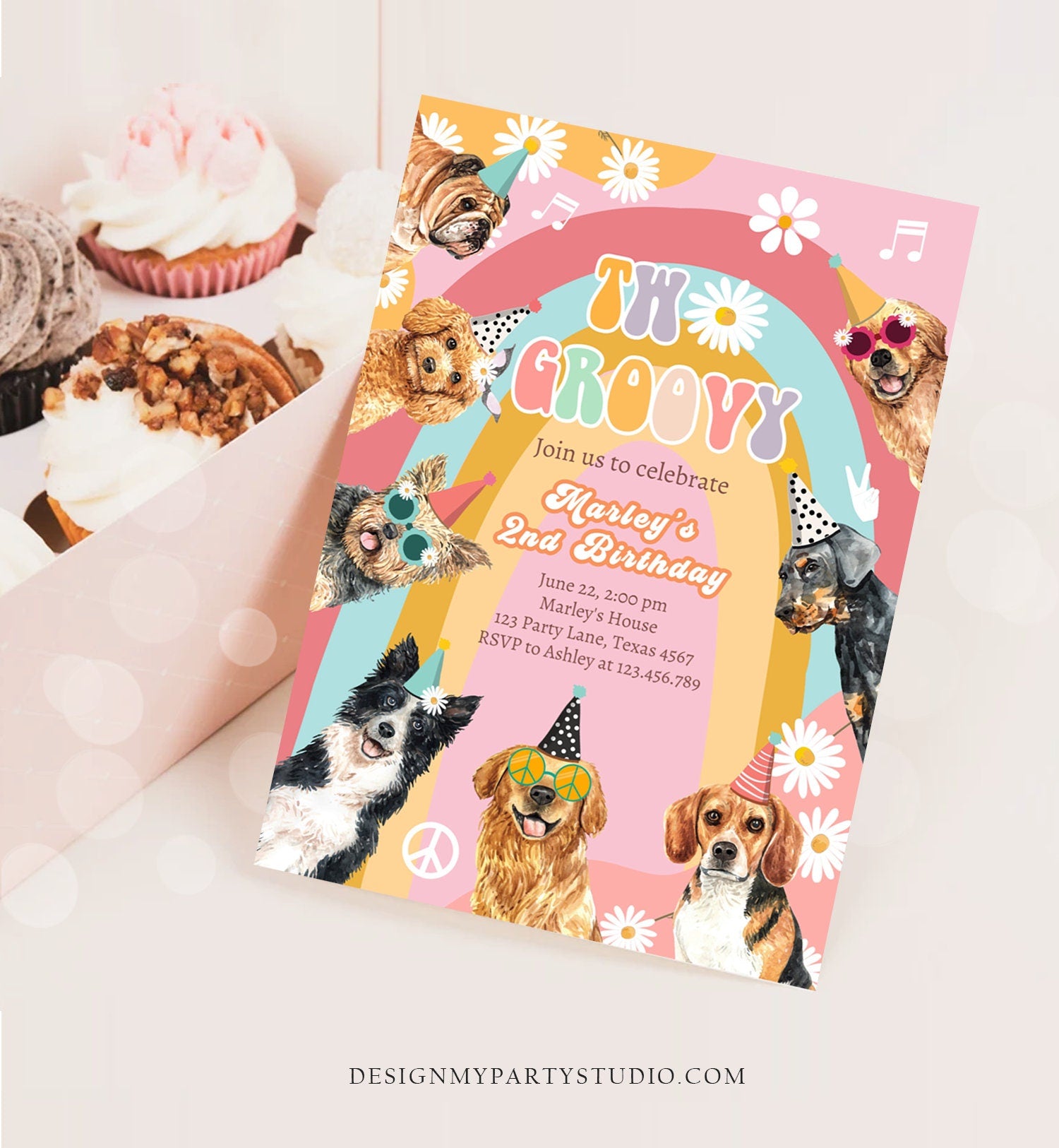 Editable Two Groovy Dog Birthday Party Invitation Retro Puppy 2nd Birthday Invite Girl Doggy Pawty Download Printable Template Corjl 0463