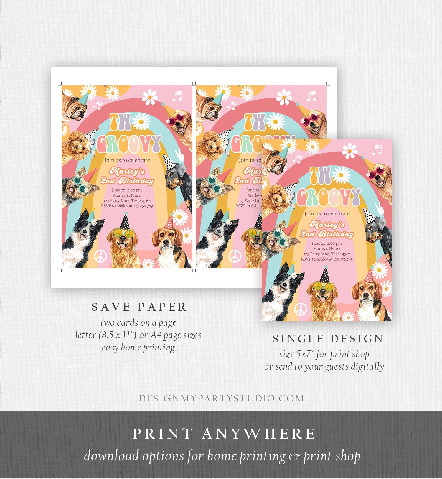 Editable Two Groovy Dog Birthday Party Invitation Retro Puppy 2nd Birthday Invite Girl Doggy Pawty Download Printable Template Corjl 0463