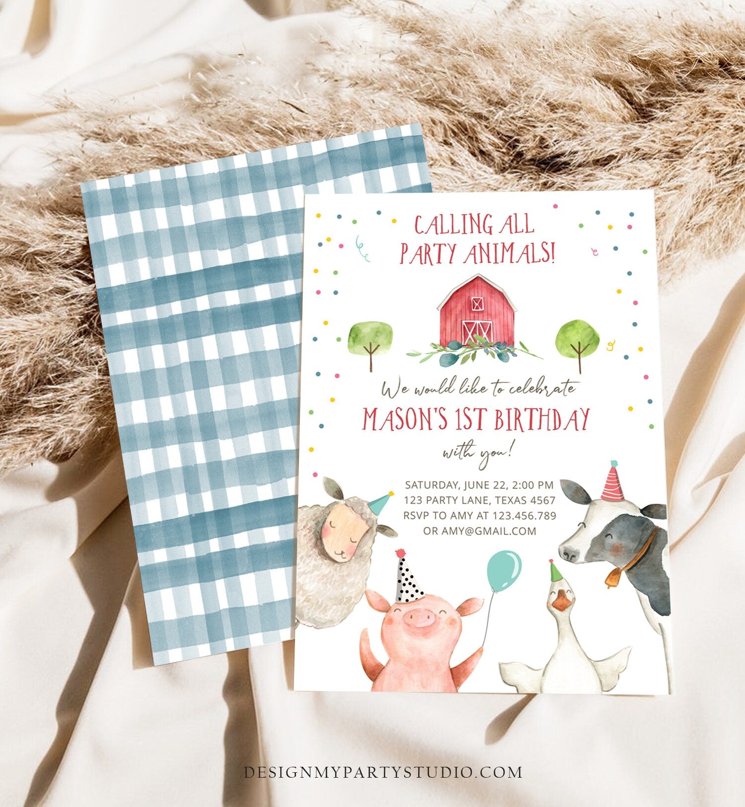 Editable Farm Animals Birthday Invitation Boy Farm Barnyard First Birthday Party Animals Confetti Download Corjl Template Printable 0155