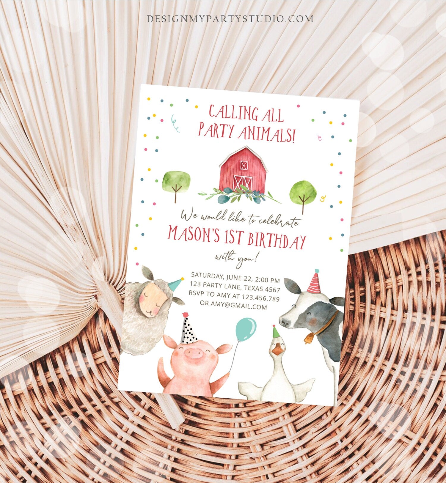 Editable Farm Animals Birthday Invitation Boy Farm Barnyard First Birthday Party Animals Confetti Download Corjl Template Printable 0155