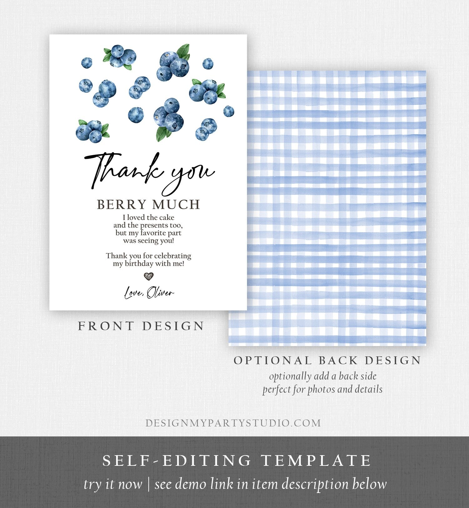 Editable Blueberry Thank You Card Berry First Birthday Berry Sweet Farmers Market Blueberries Boy Download Printable Template Corjl 0399