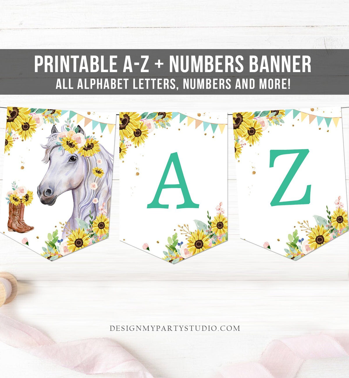 Horse Birthday Banner A-Z Alphabet Numbers Banner Sunflowers First Happy Birthday Banner Girl Pony Saddle Up Cowgirl Decor Printable 0408