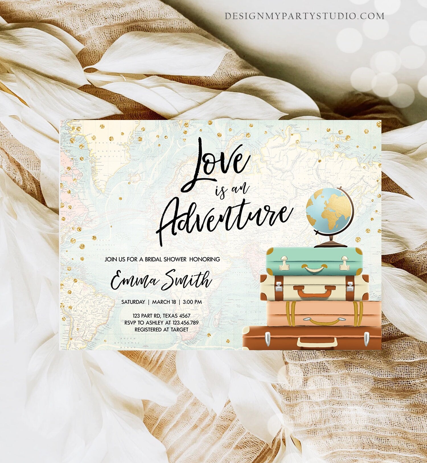 Editable Love is an Adventure Bridal Shower Invitation Traveling to Mrs Travel Confetti Pink Floral Suitcases Download Corjl Template 0263