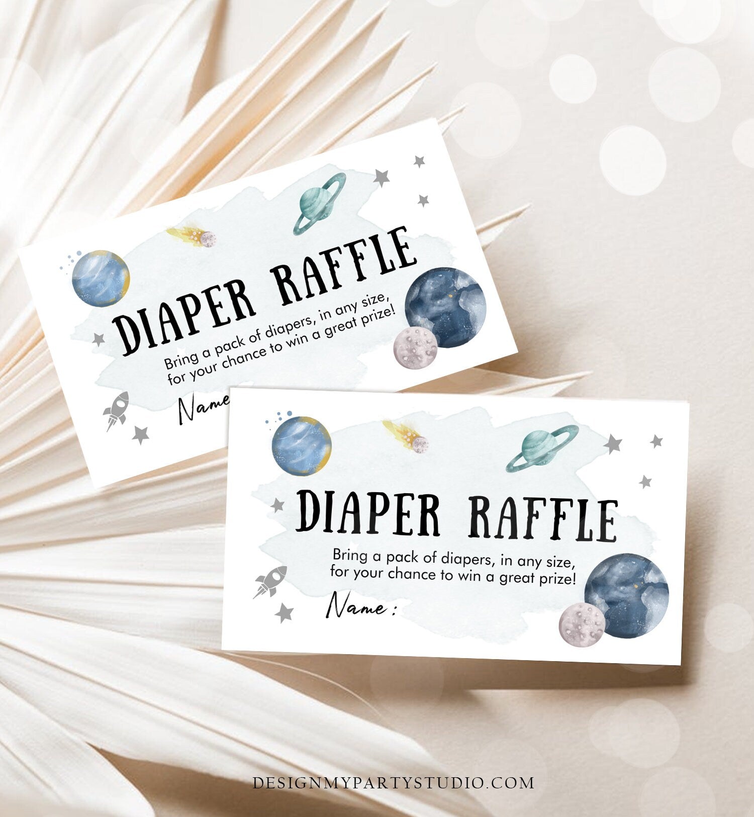 Editable Outer Space Diaper Raffle Ticket Space Baby Shower Planets Galaxy Registry Card Silver Diaper Game Template PRINTABLE Corjl 0357