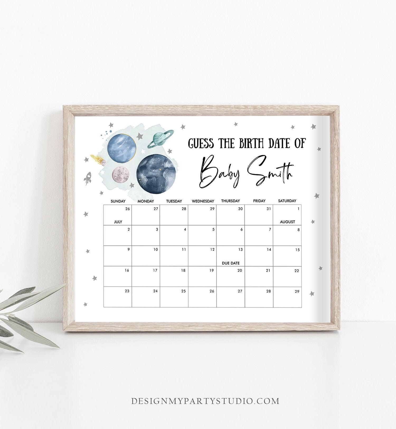 Editable Guess the Birth Date Baby Shower Game Guess Birthday Outer Space Astronaut Planets Galaxy Silver Corjl Template Printable 0357