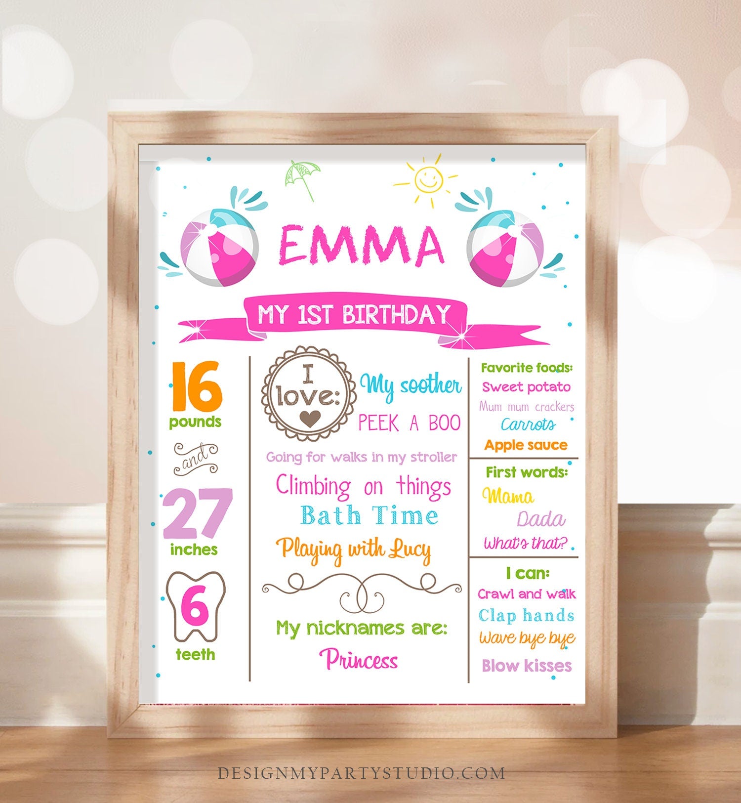 Editable Pool Party Birthday Milestones Poster Birthday Decor Splish Splash Ball Birthday Girl Pink First 1st Download Printable Corjl 0169