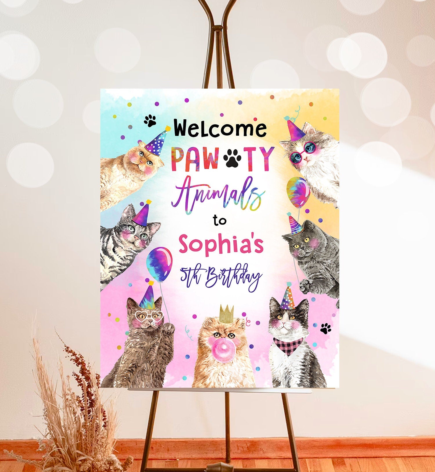 Editable Cat Birthday Party Welcome Sign Kitten Birthday Pink Girl Kitty Cat Paw-ty Pawty Animals Cute Kitten Template Corjl PRINTABLE 0460