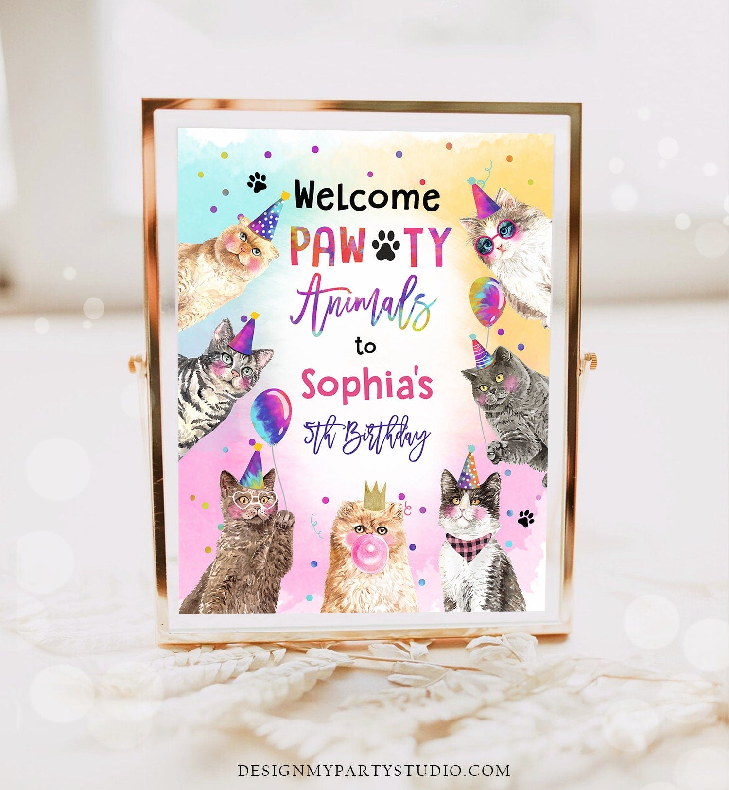 Editable Cat Birthday Party Welcome Sign Kitten Birthday Pink Girl Kitty Cat Paw-ty Pawty Animals Cute Kitten Template Corjl PRINTABLE 0460