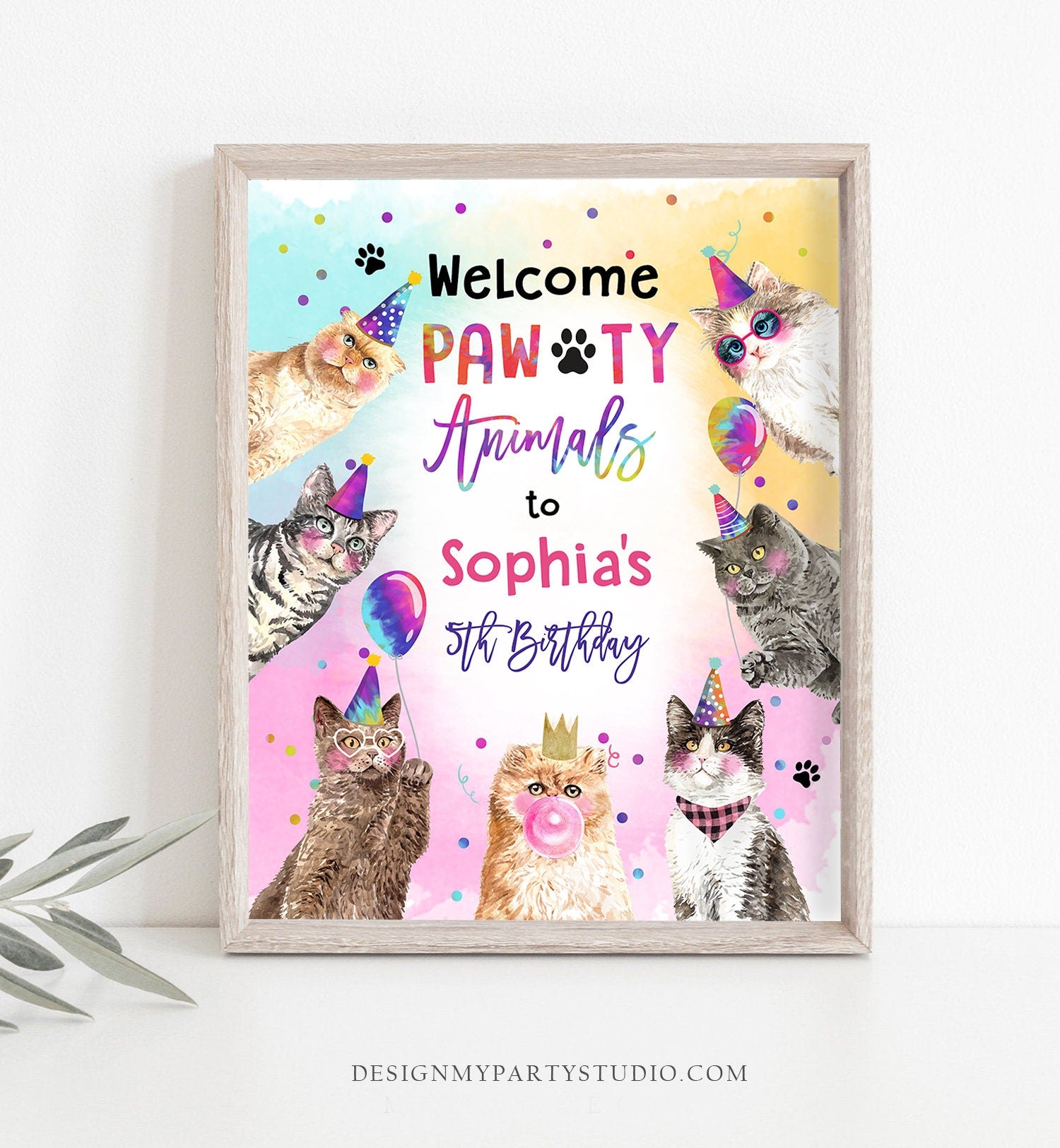 Editable Cat Birthday Party Welcome Sign Kitten Birthday Pink Girl Kitty Cat Paw-ty Pawty Animals Cute Kitten Template Corjl PRINTABLE 0460