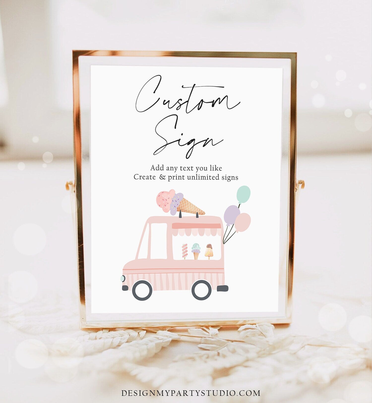 Editable Custom Sign Ice Cream Truck Birthday Sign Ice Cream Birthday Decorations Table Sign Bar Sign Girl Corjl Template PRINTABLE 0415