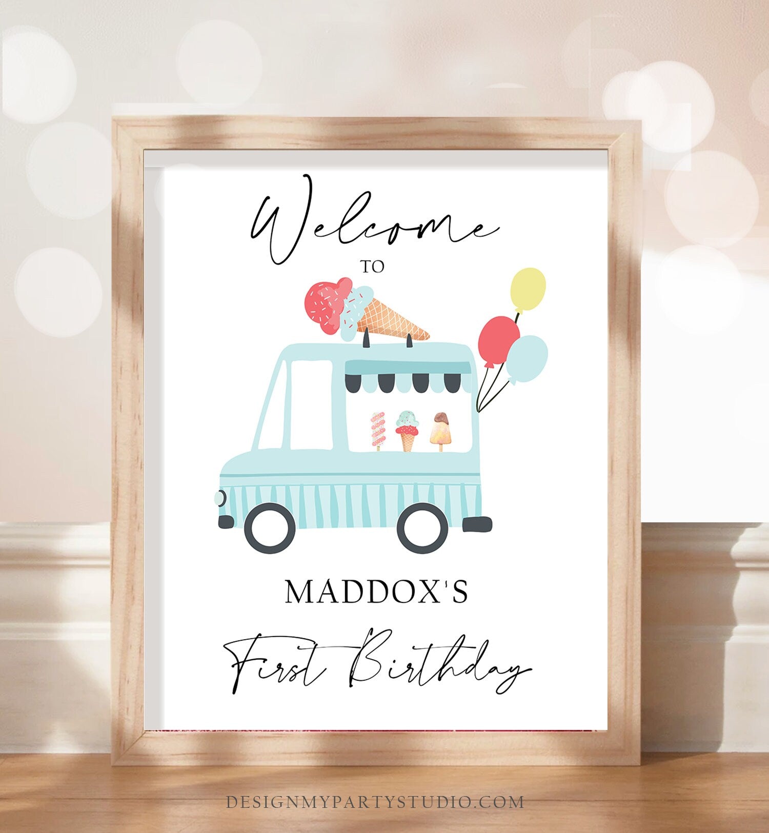 Editable Ice Cream Truck Party Welcome Sign Ice Cream Birthday Welcome Scoop Modern Boy Summer Blue Shoppe Template PRINTABLE Corjl 0415