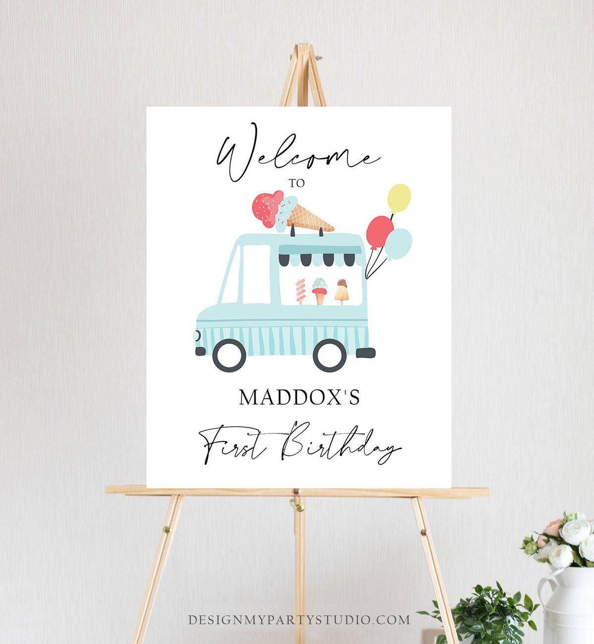 Editable Ice Cream Truck Party Welcome Sign Ice Cream Birthday Welcome Scoop Modern Boy Summer Blue Shoppe Template PRINTABLE Corjl 0415