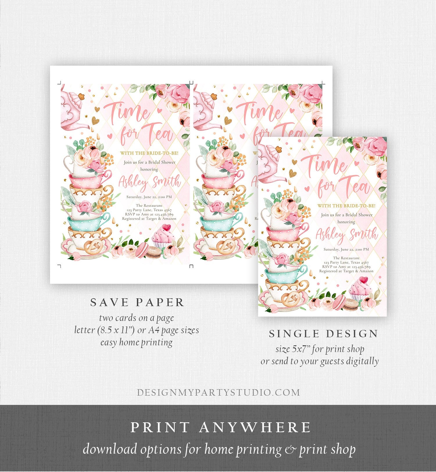 Editable Time For Tea Bridal Shower Invitation Tea Party Wedding Shower Floral Pink Gold Blush Love is Brewing Corjl Template Printable 0349