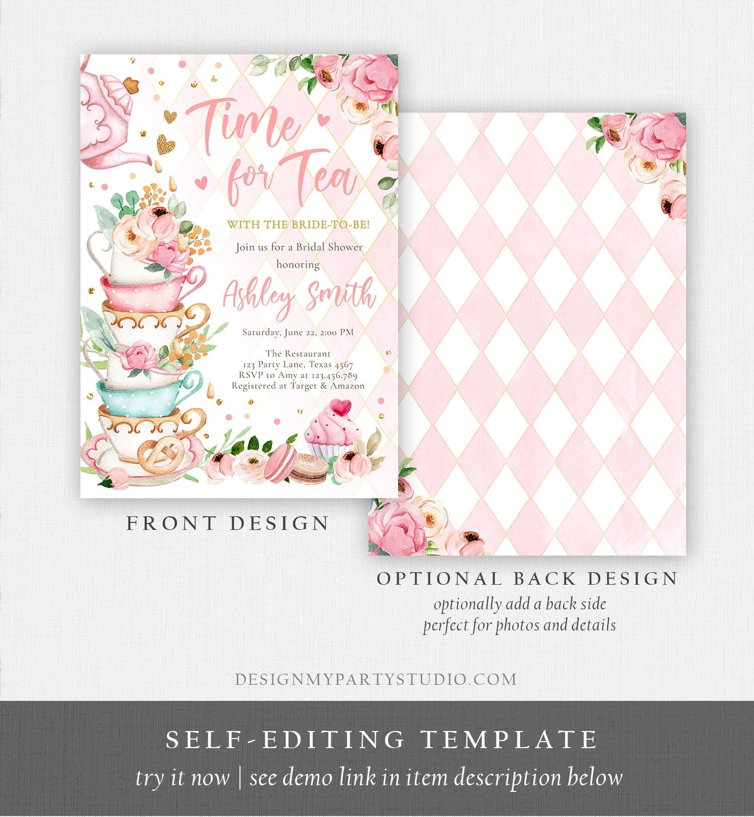 Editable Time For Tea Bridal Shower Invitation Tea Party Wedding Shower Floral Pink Gold Blush Love is Brewing Corjl Template Printable 0349