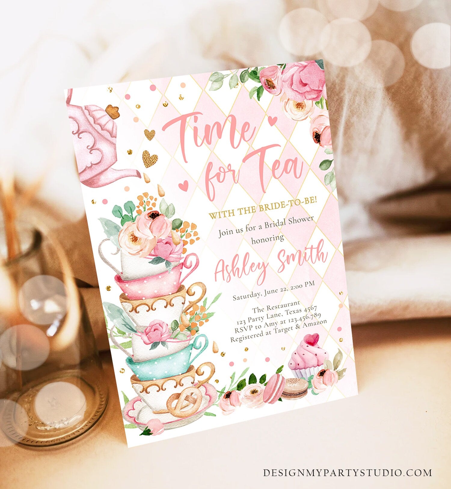 Editable Time For Tea Bridal Shower Invitation Tea Party Wedding Shower Floral Pink Gold Blush Love is Brewing Corjl Template Printable 0349