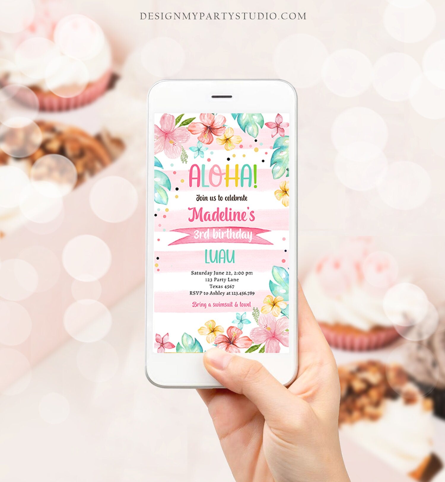 Editable Hawaiian Luau Birthday Evite Pineapple Birthday Party Pool Party Pink Girl Electronic Phone Download Corjl Template Printable 0391