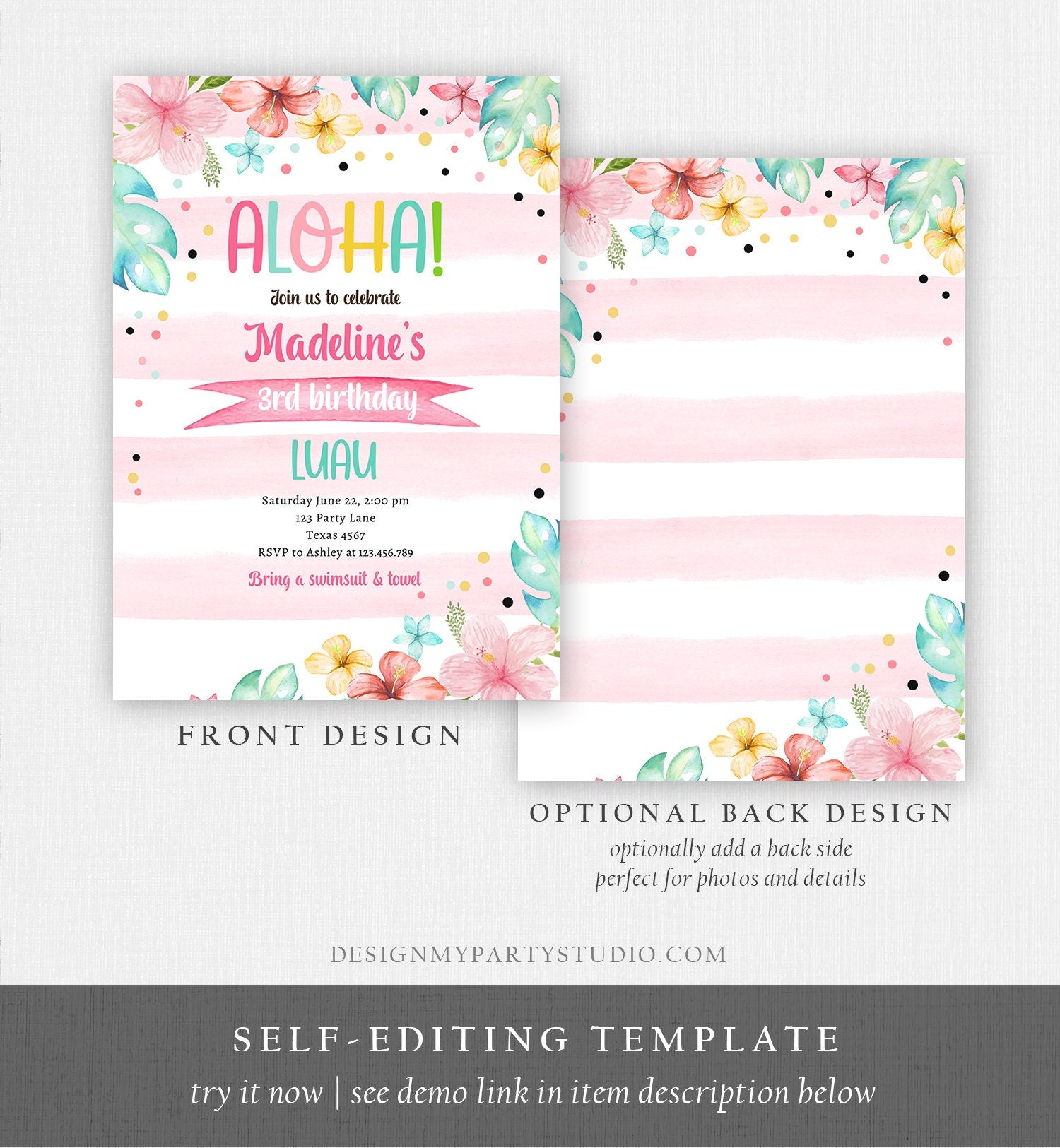 Editable Hawaiian Luau Birthday Invitation Pineapple Birthday Party Pool Party Pineapple Pink Girl Download Corjl Template Printable 0391