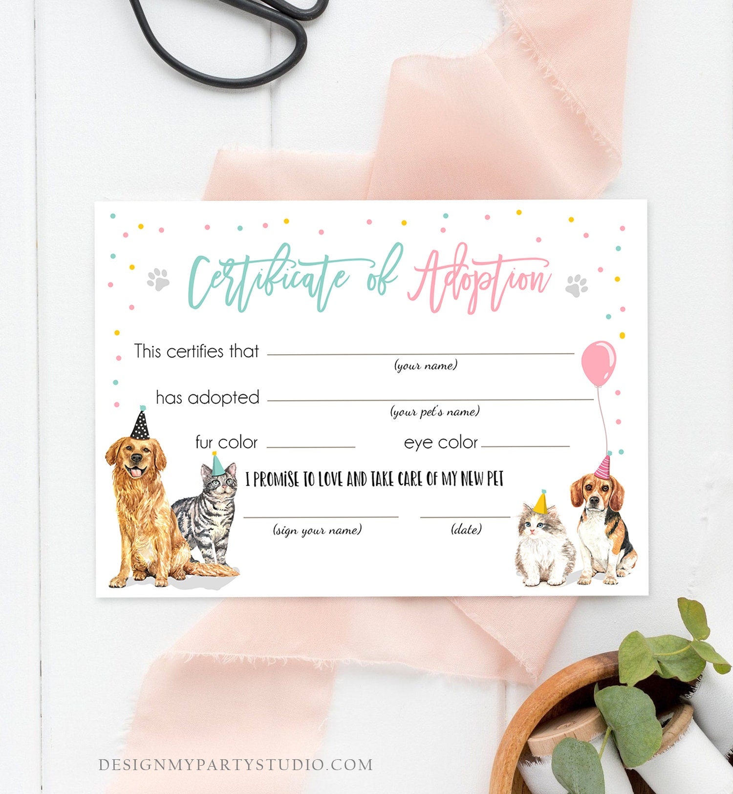 Pet Adoption Certificate Puppy Kitten Adoption Dogs and Cats Birthday Party Adopt A Pet Vet Adoption Instant Download Digital PRINTABLE 0384