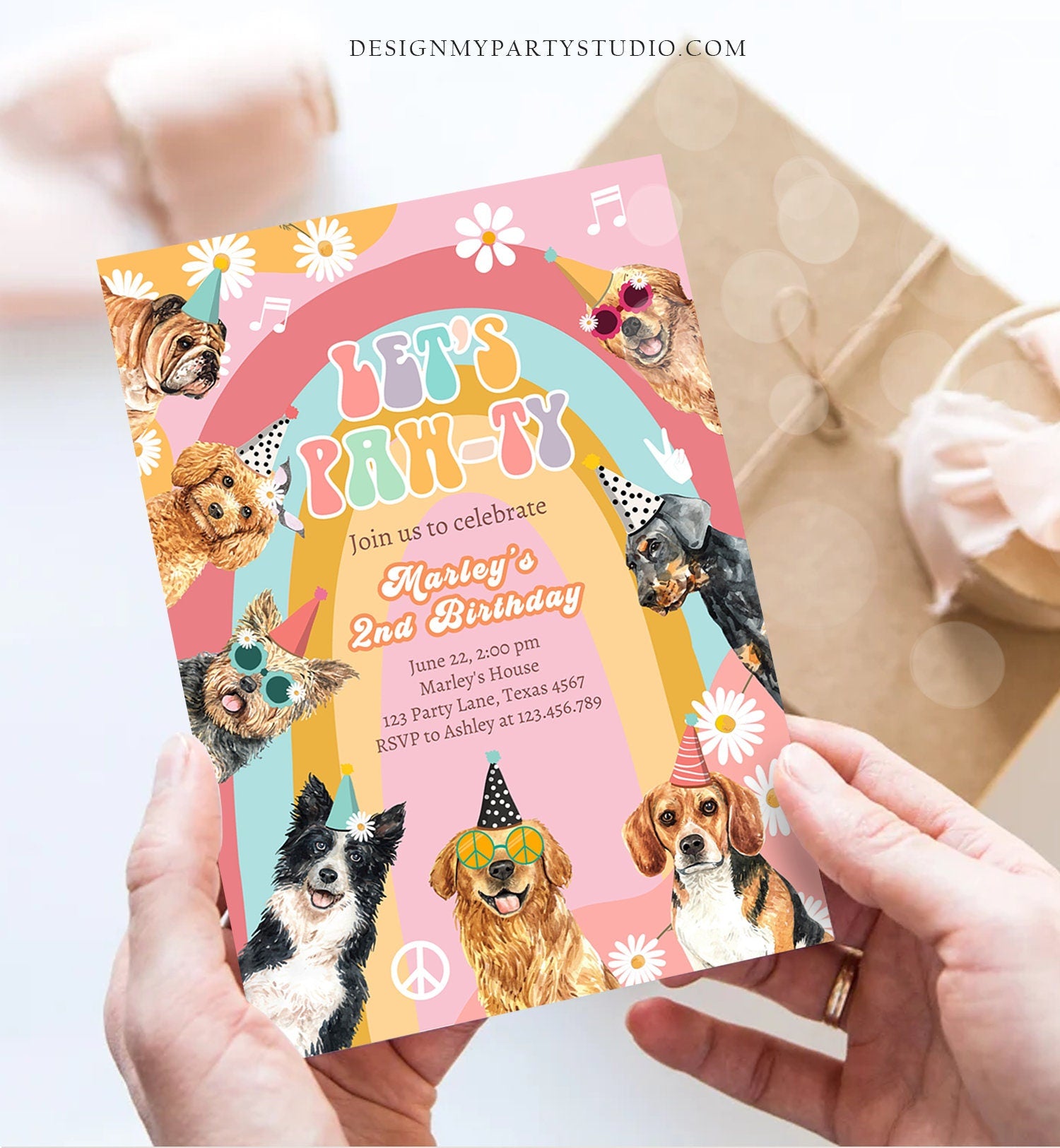 Editable Groovy Dog Birthday Party Invitation Retro Puppy Birthday Invite Girl Doggy Daisy Lets Pawty Download Printable Template Corjl 0463