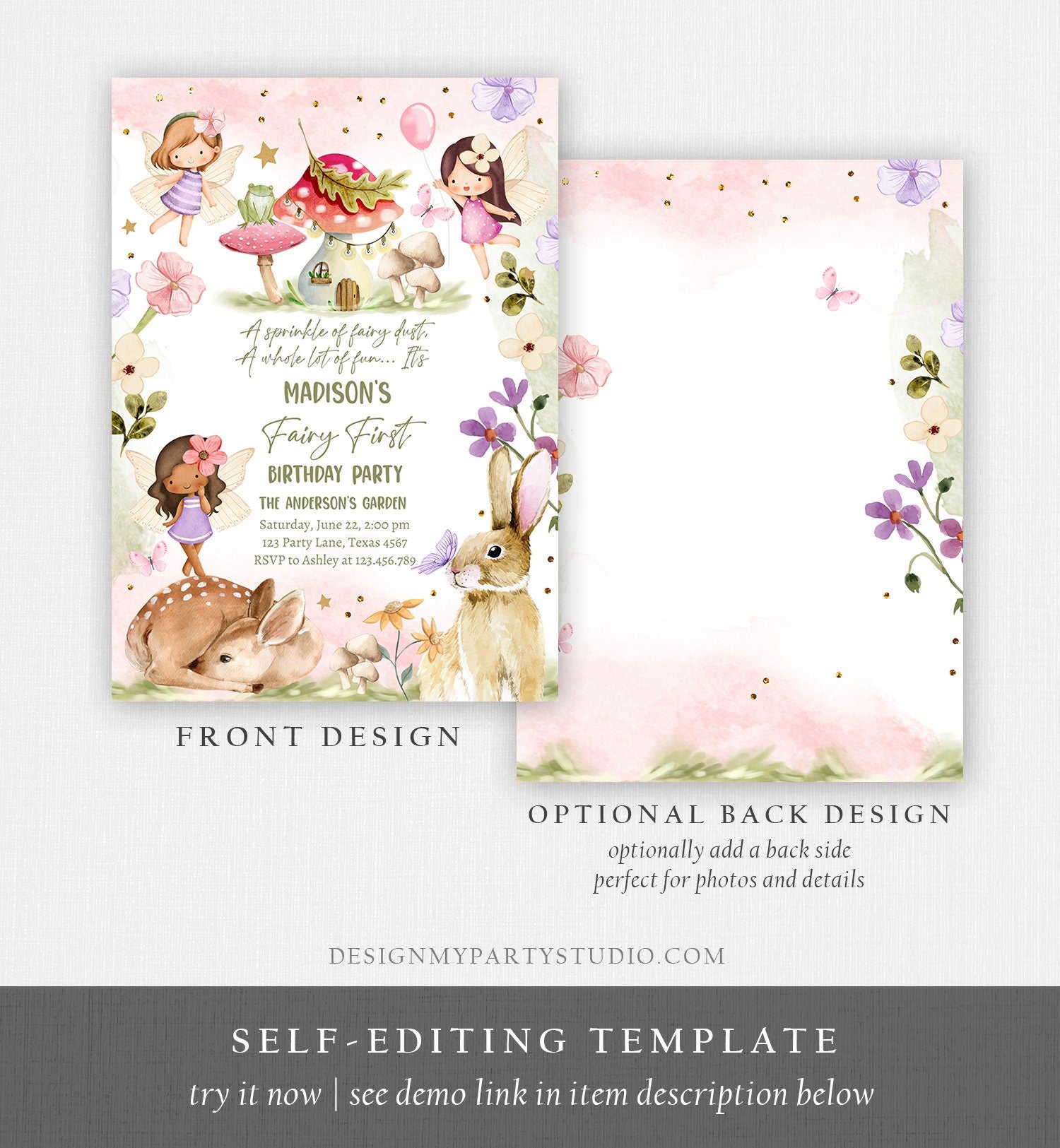 Editable Fairy Birthday Invitation Whimsical Enchanted Pixie Fairy Party Floral Fairy Invitation Girl Download Printable Template Corjl 0438