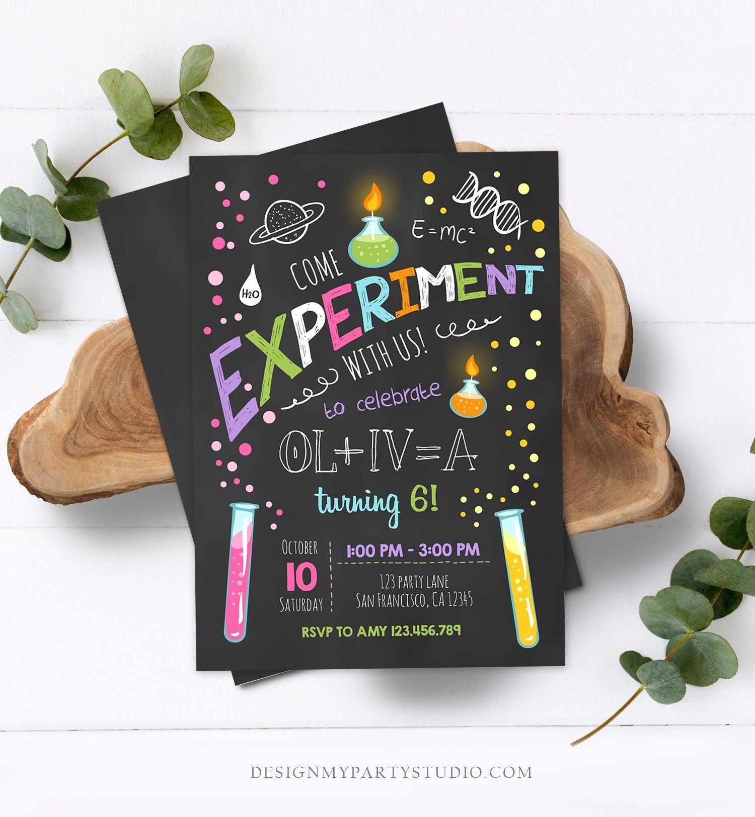 Editable Science Experiment Birthday Invitation Girl Experiment Party Mad Scientist Lab Slime Party Professor Corjl Template Printable 0094