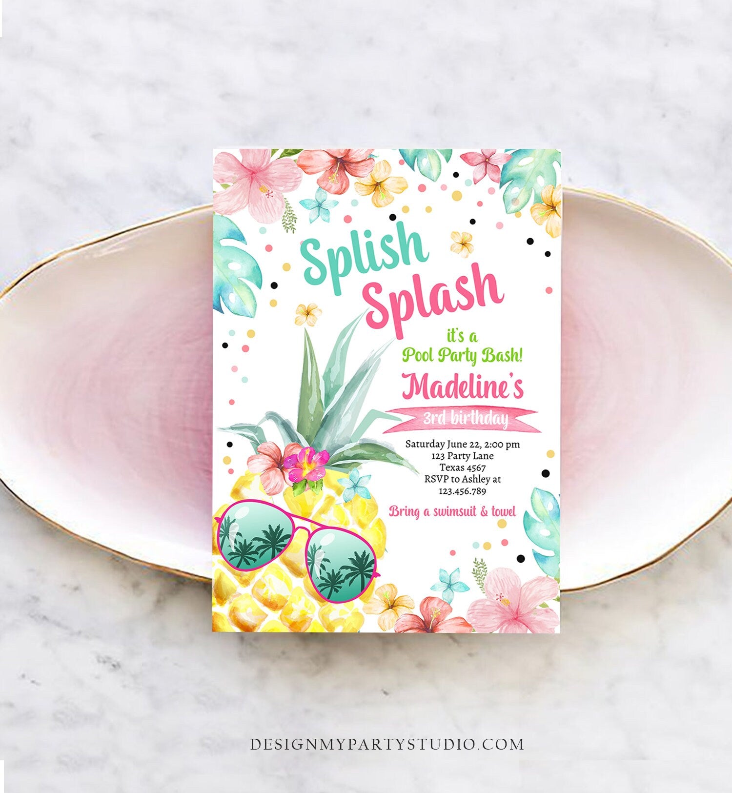 Editable Splish Splash Birthday Party Invitation Pineapple Birthday Pool Party Pineapple Pink Girl Download Corjl Template Printable 0391