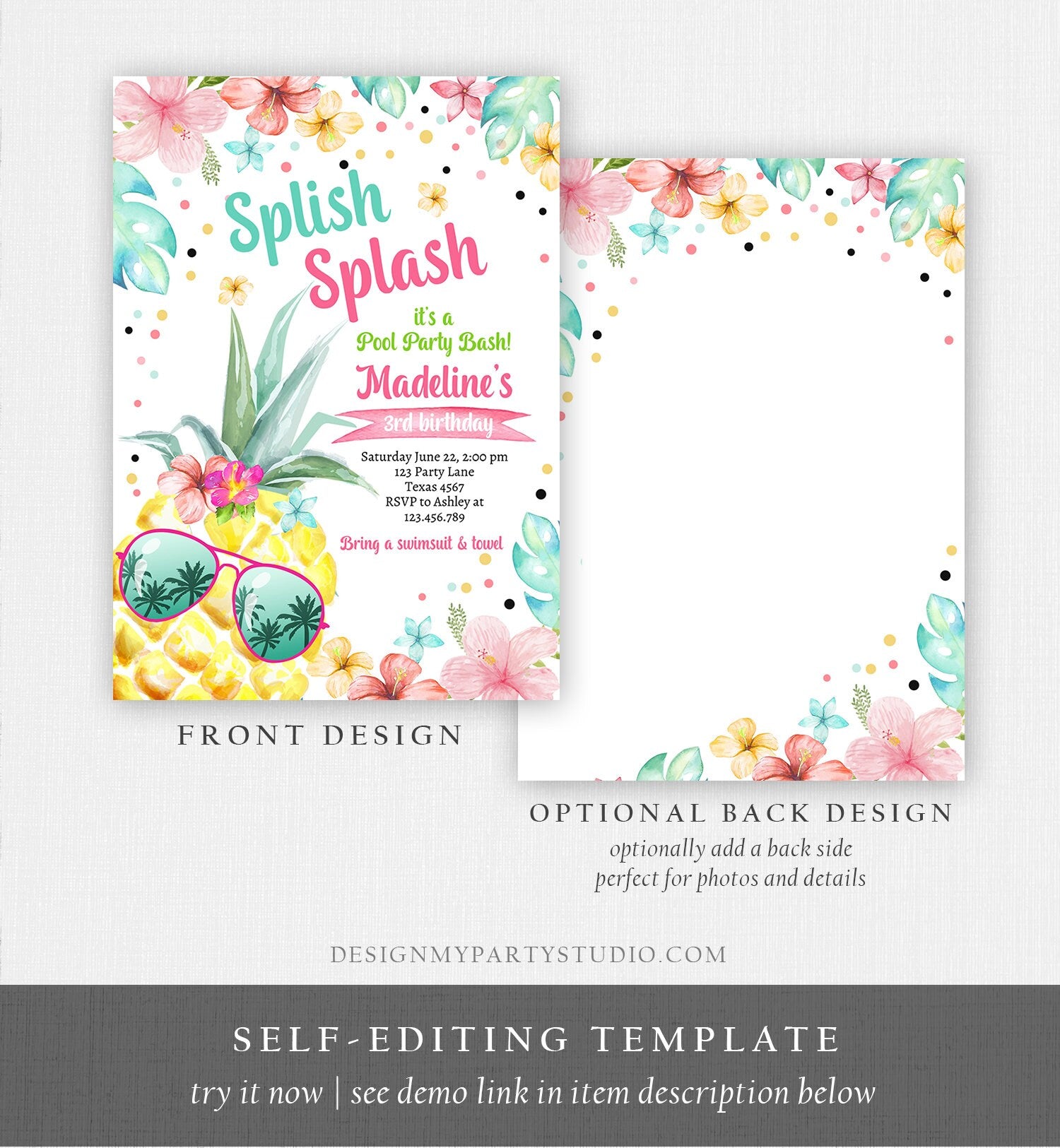 Editable Splish Splash Birthday Party Invitation Pineapple Birthday Pool Party Pineapple Pink Girl Download Corjl Template Printable 0391