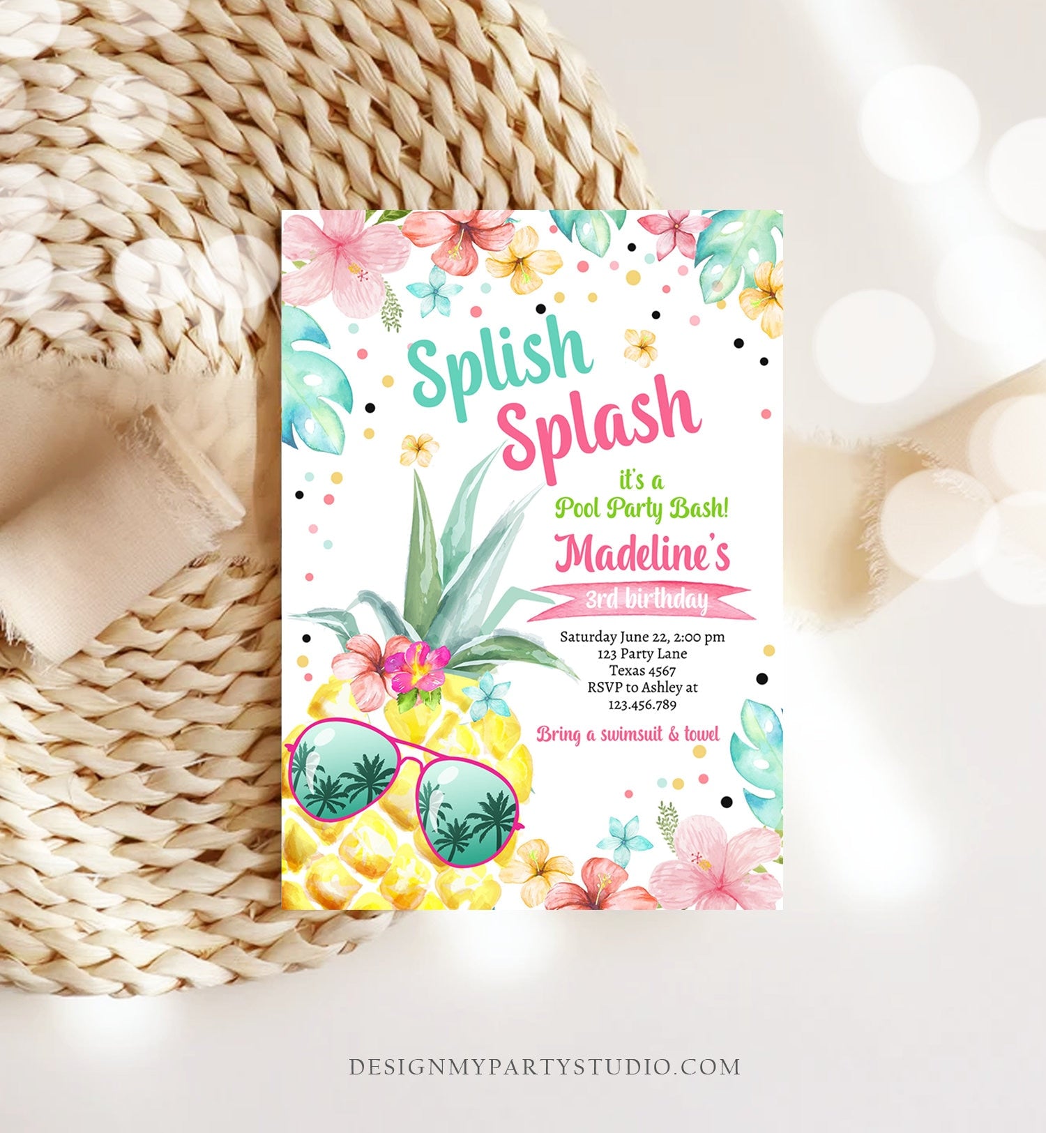 Editable Splish Splash Birthday Party Invitation Pineapple Birthday Pool Party Pineapple Pink Girl Download Corjl Template Printable 0391