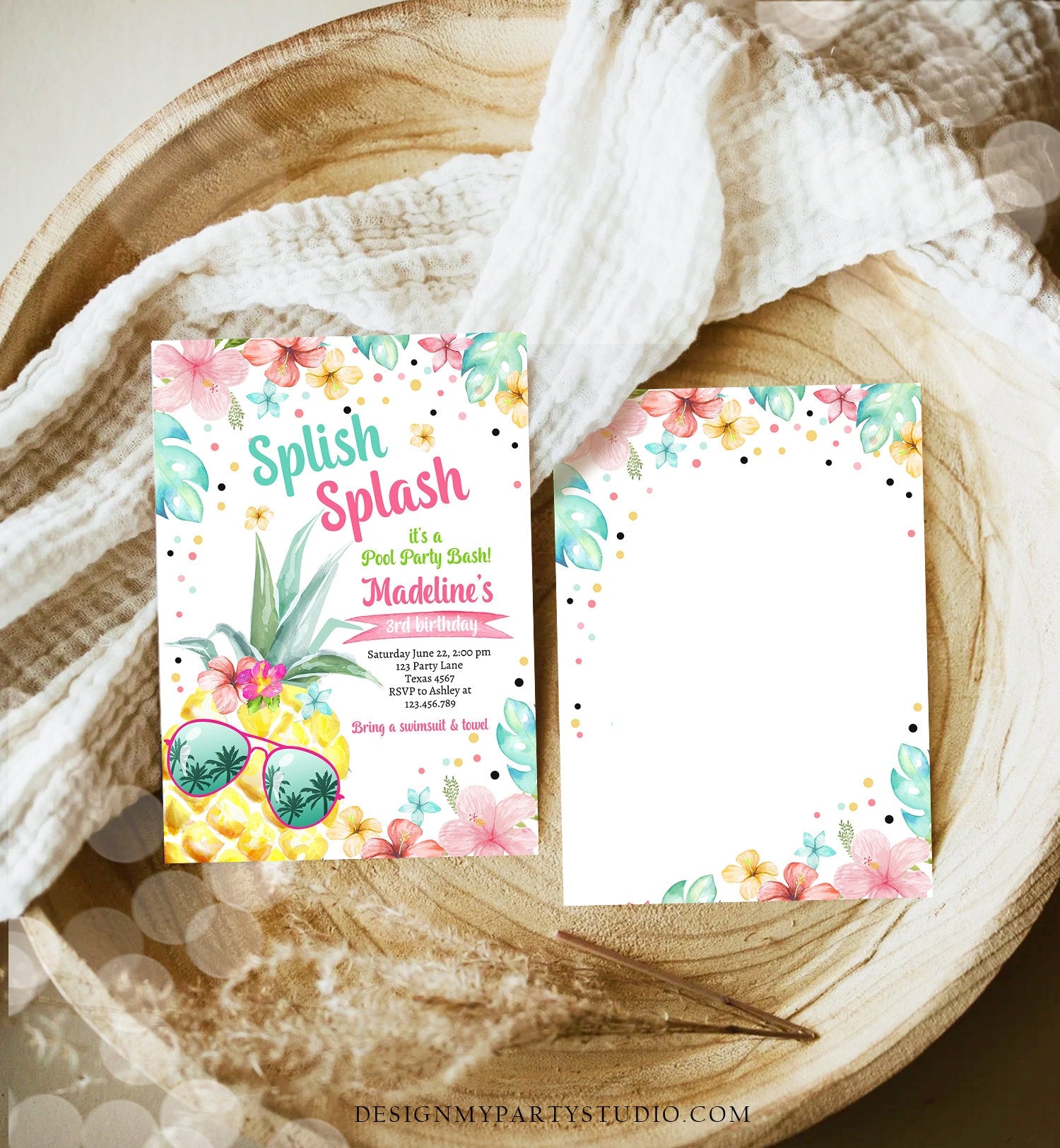 Editable Splish Splash Birthday Party Invitation Pineapple Birthday Pool Party Pineapple Pink Girl Download Corjl Template Printable 0391