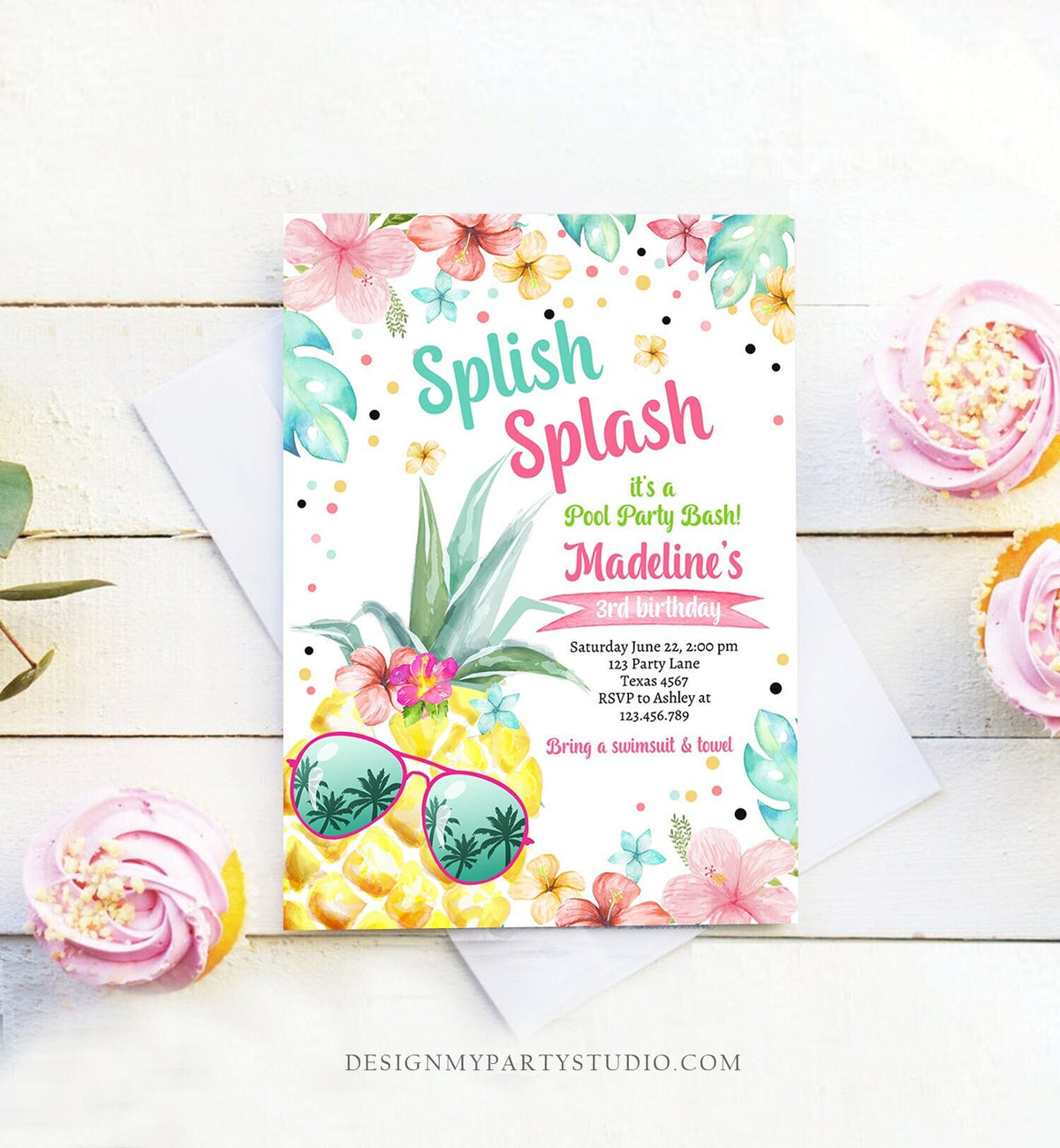 Editable Splish Splash Birthday Party Invitation Pineapple Birthday Pool Party Pineapple Pink Girl Download Corjl Template Printable 0391