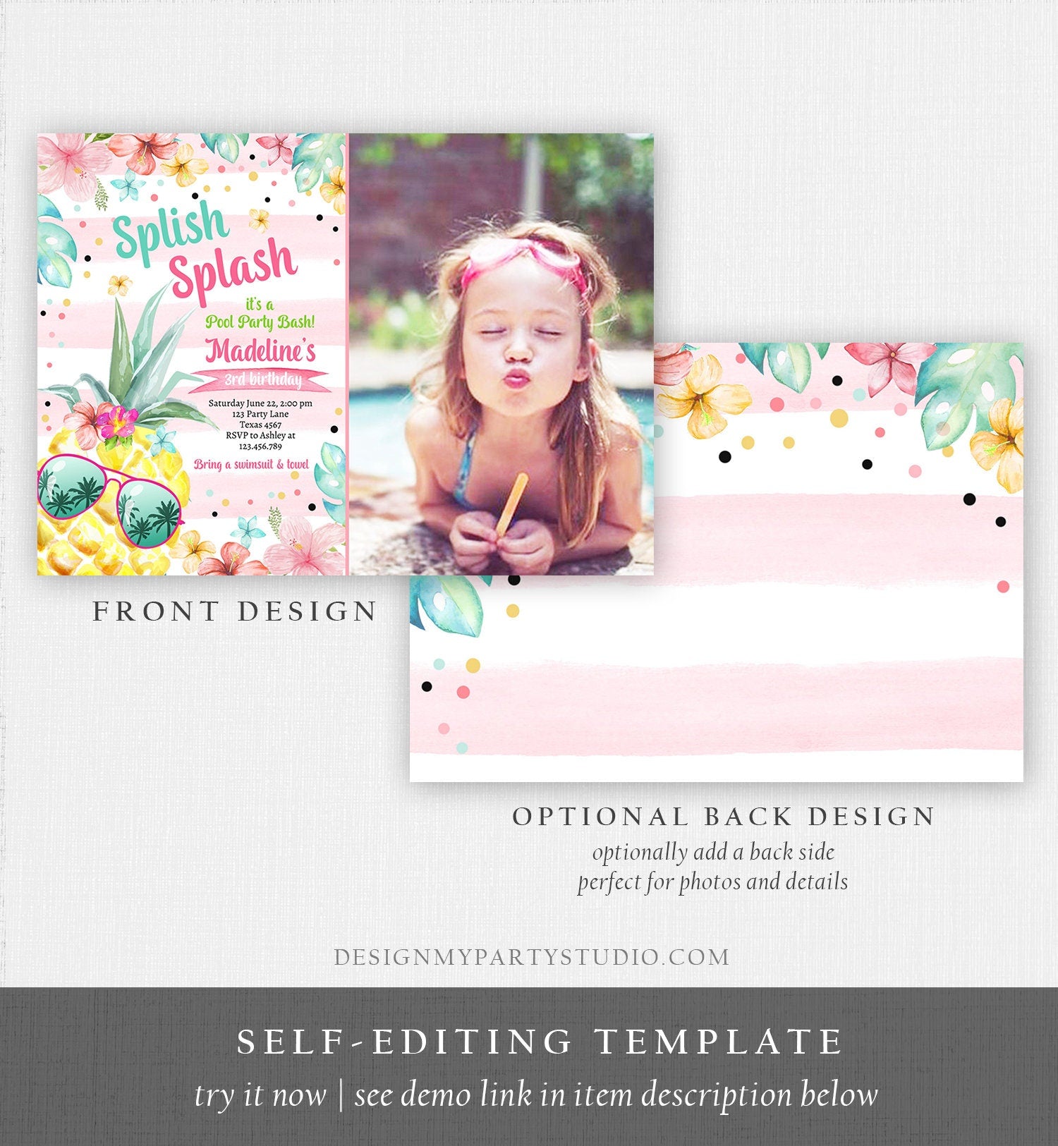 Editable Splish Splash Birthday Party Invitation Pineapple Birthday Pool Party Pineapple Pink Girl Download Corjl Template Printable 0391