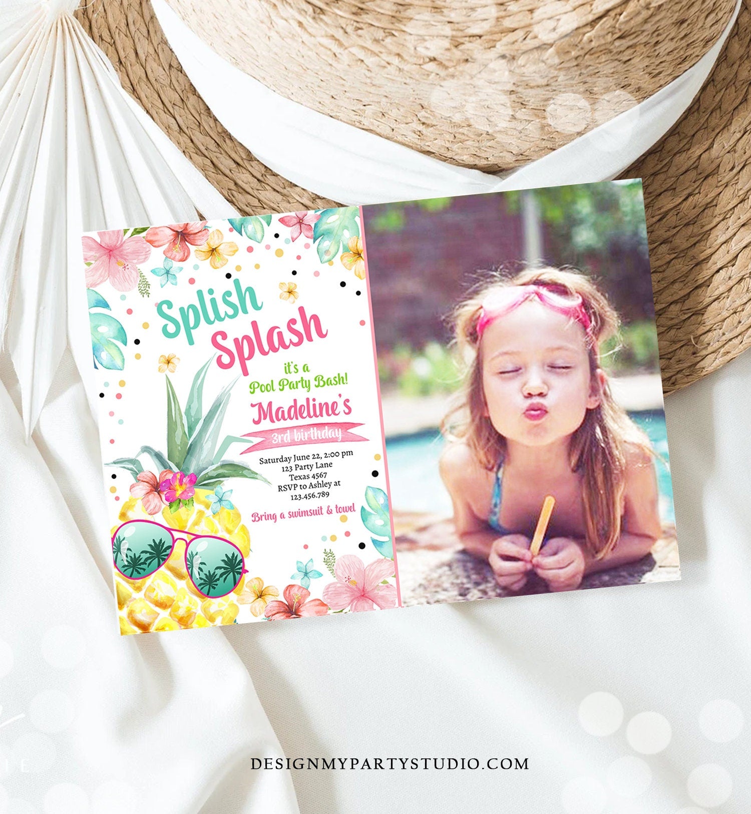 Editable Splish Splash Birthday Party Invitation Pineapple Birthday Pool Party Pineapple Pink Girl Download Corjl Template Printable 0391