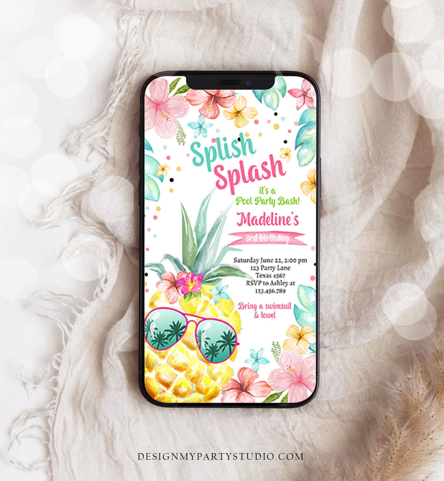 Editable Hawaiian Luau Birthday Evite Pineapple Birthday Party Pool Party Pink Girl Electronic Phone Download Corjl Template Printable 0391