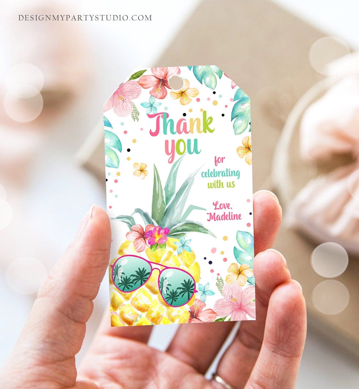 Editable Tropical Aloha Hawaiian Favor Tag Luau Birthday Party Pineapple Favor Tag Mahalo Pool Party Pink Girl Corjl Template Printable 0391