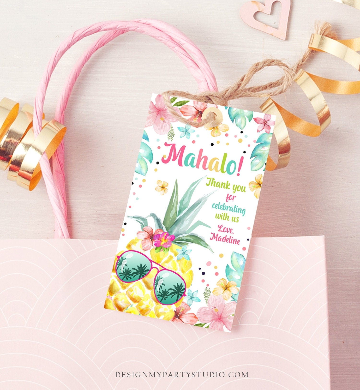 Editable Tropical Aloha Hawaiian Favor Tag Luau Birthday Party Pineapple Favor Tag Mahalo Pool Party Pink Girl Corjl Template Printable 0391