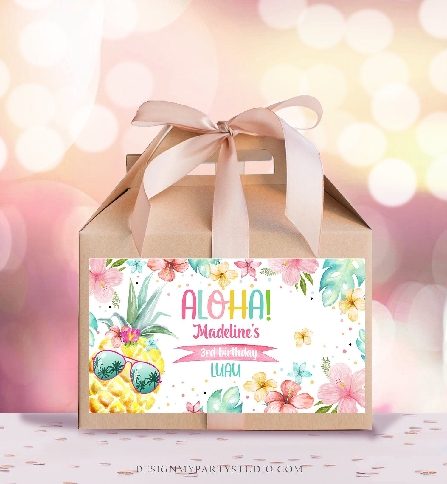 Editable Pineapple Gable Gift Box Label Hawaiian Luau Birthday Girl Treat Box Label Tropical Summer Pool Party Download Printable Corjl 0391