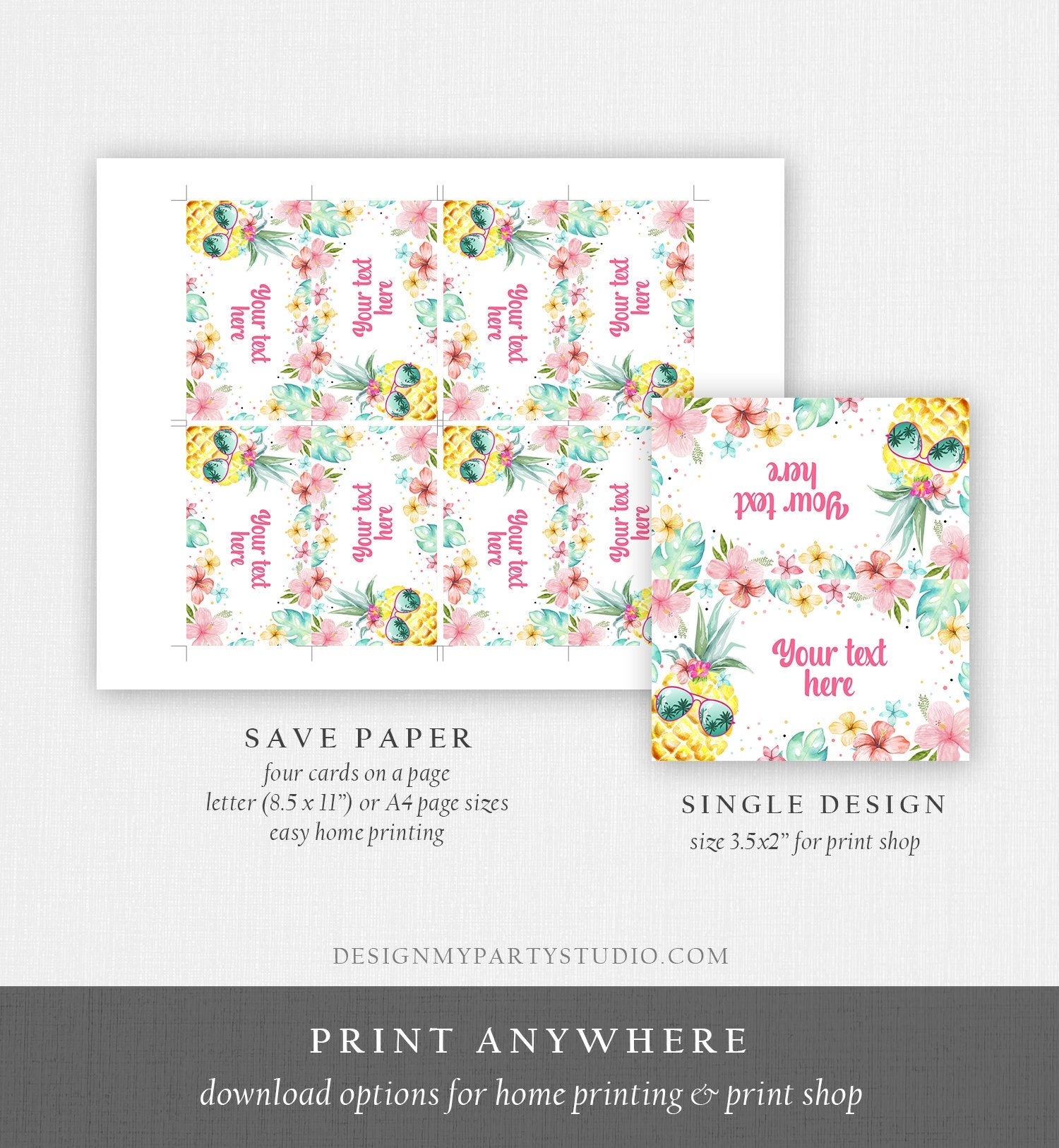 Editable Pineapple Food Labels Luau Birthday Party Food Cards Tent Card Girl Pink Tropical Name Card Pool Party Hawaiian Template Corjl 0391