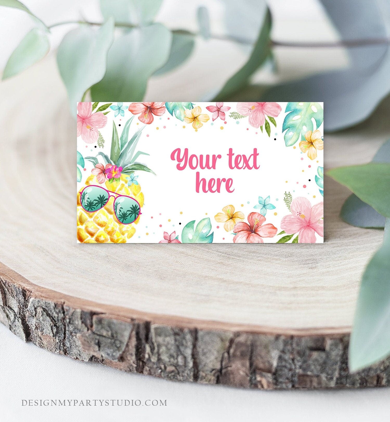 Editable Pineapple Food Labels Luau Birthday Party Food Cards Tent Card Girl Pink Tropical Name Card Pool Party Hawaiian Template Corjl 0391