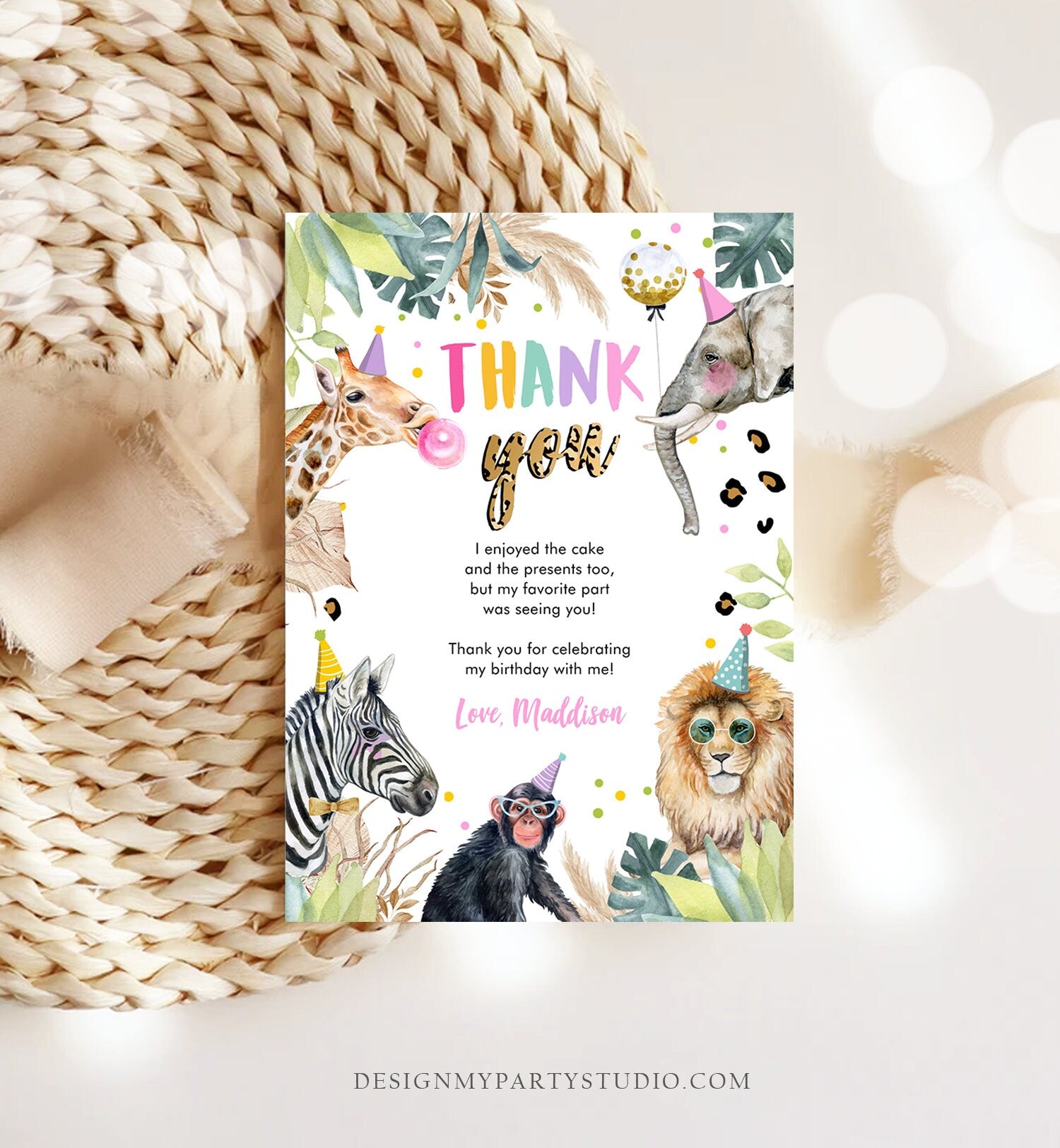 Editable Thank You Card Safari Animals Wild One Two Wild Thank You Note Girl Pink Gold Zoo Party Animals Digital Template Digital 0417