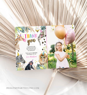 Editable Thank You Card Safari Animals Wild One Two Wild Thank You Note Girl Pink Gold Jungle Zoo Party Animals Corjl Template Digital 0417