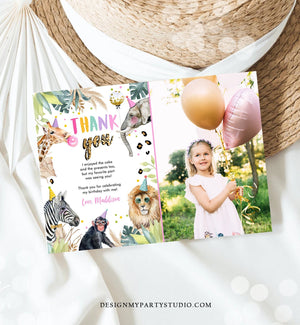 Editable Thank You Card Safari Animals Wild One Two Wild Thank You Note Girl Pink Gold Jungle Zoo Party Animals Corjl Template Digital 0417