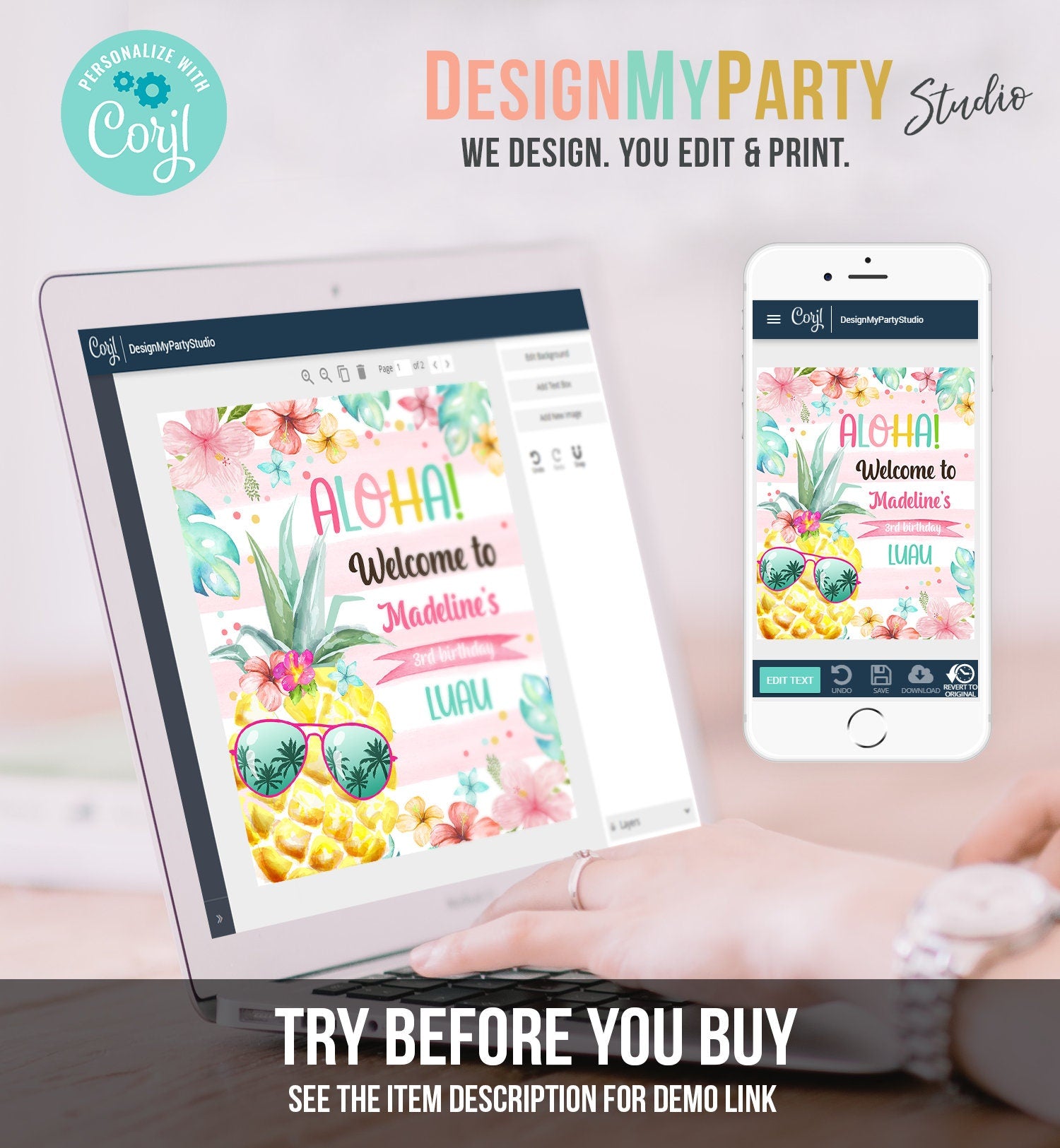 Editable Pineapple Welcome Sign Tropical Hawaiian Luau Birthday Sign Girl Pink Aloha Party Welcome Poster Digital Template Printable 0391