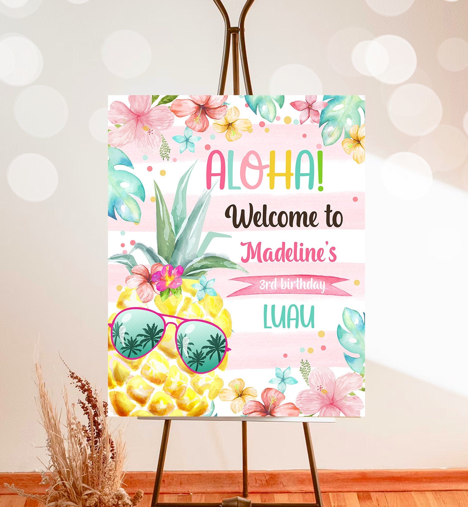 Editable Pineapple Welcome Sign Tropical Hawaiian Luau Birthday Sign Girl Pink Aloha Party Welcome Poster Digital Template Printable 0391