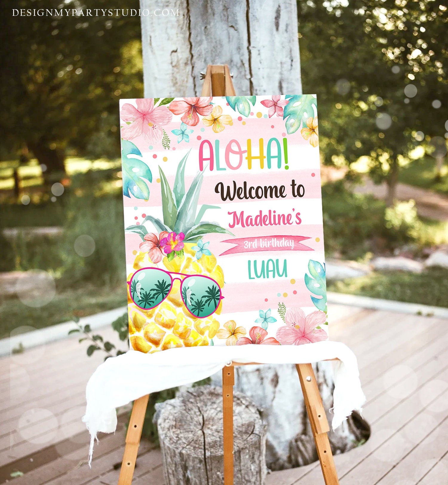 Editable Pineapple Welcome Sign Tropical Hawaiian Luau Birthday Sign Girl Pink Aloha Party Welcome Poster Digital Template Printable 0391