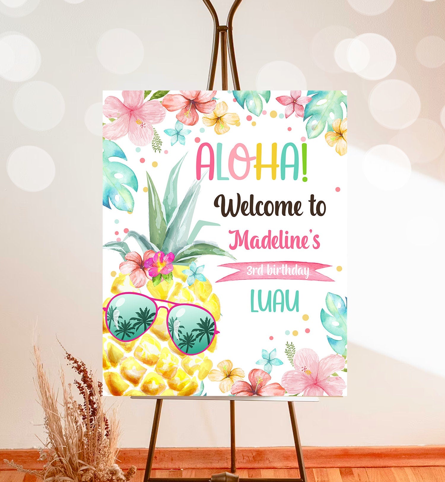 Editable Pineapple Welcome Sign Tropical Hawaiian Luau Birthday Sign Girl Pink Aloha Party Welcome Poster Template Corjl PRINTABLE 0391